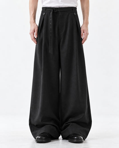 Button Strap Pleated Wide-Leg Trousers