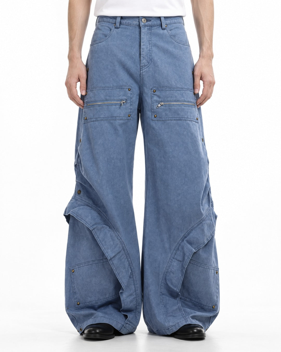 Zip-Pocket Riveted Wide-Leg Pants