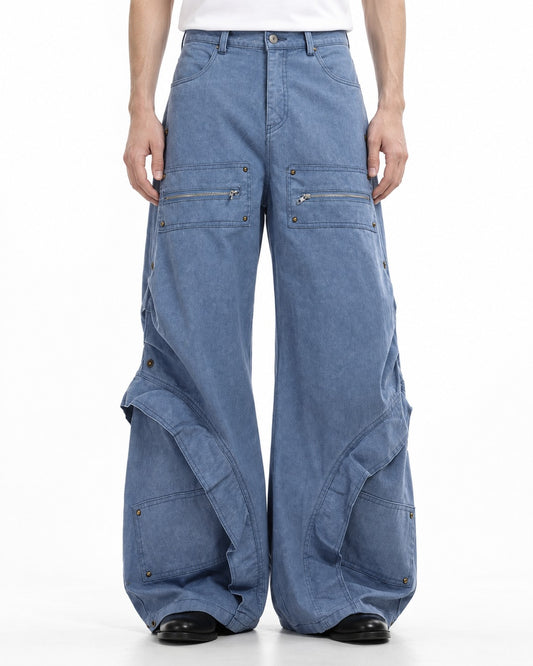 Zip-Pocket Riveted Wide-Leg Pants