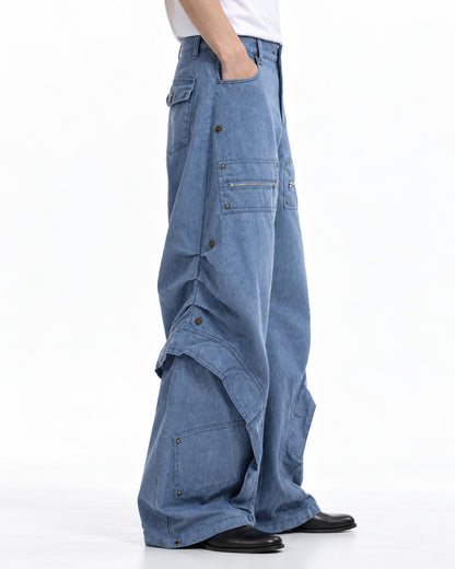 Zip-Pocket Riveted Wide-Leg Pants