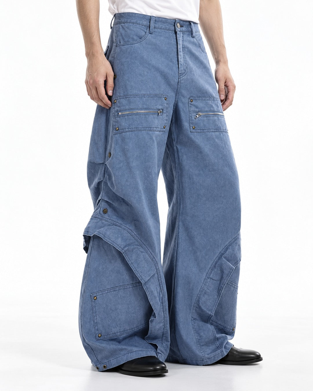 Zip-Pocket Riveted Wide-Leg Pants