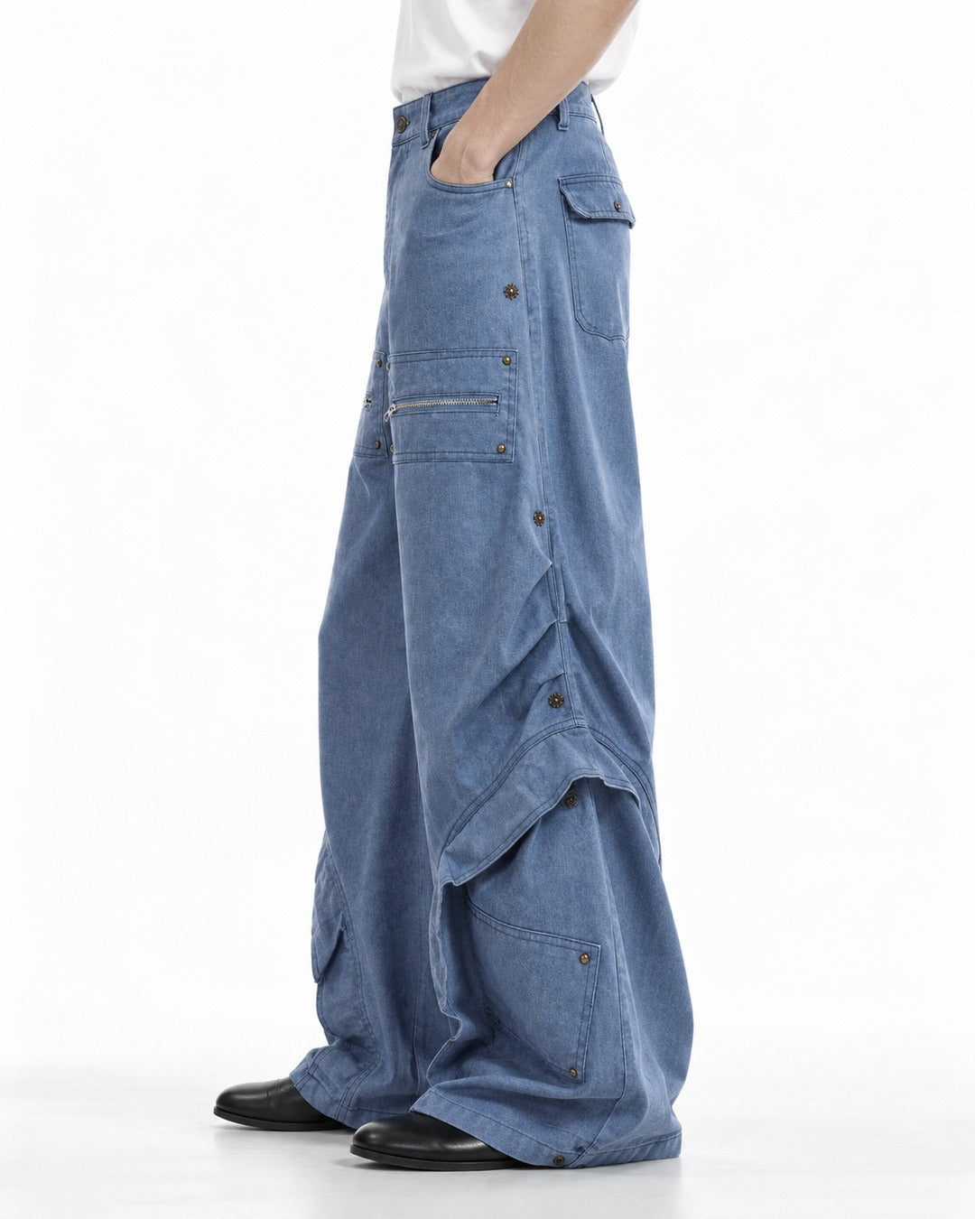 Zip-Pocket Riveted Wide-Leg Pants