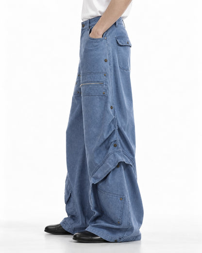 Zip-Pocket Riveted Wide-Leg Pants