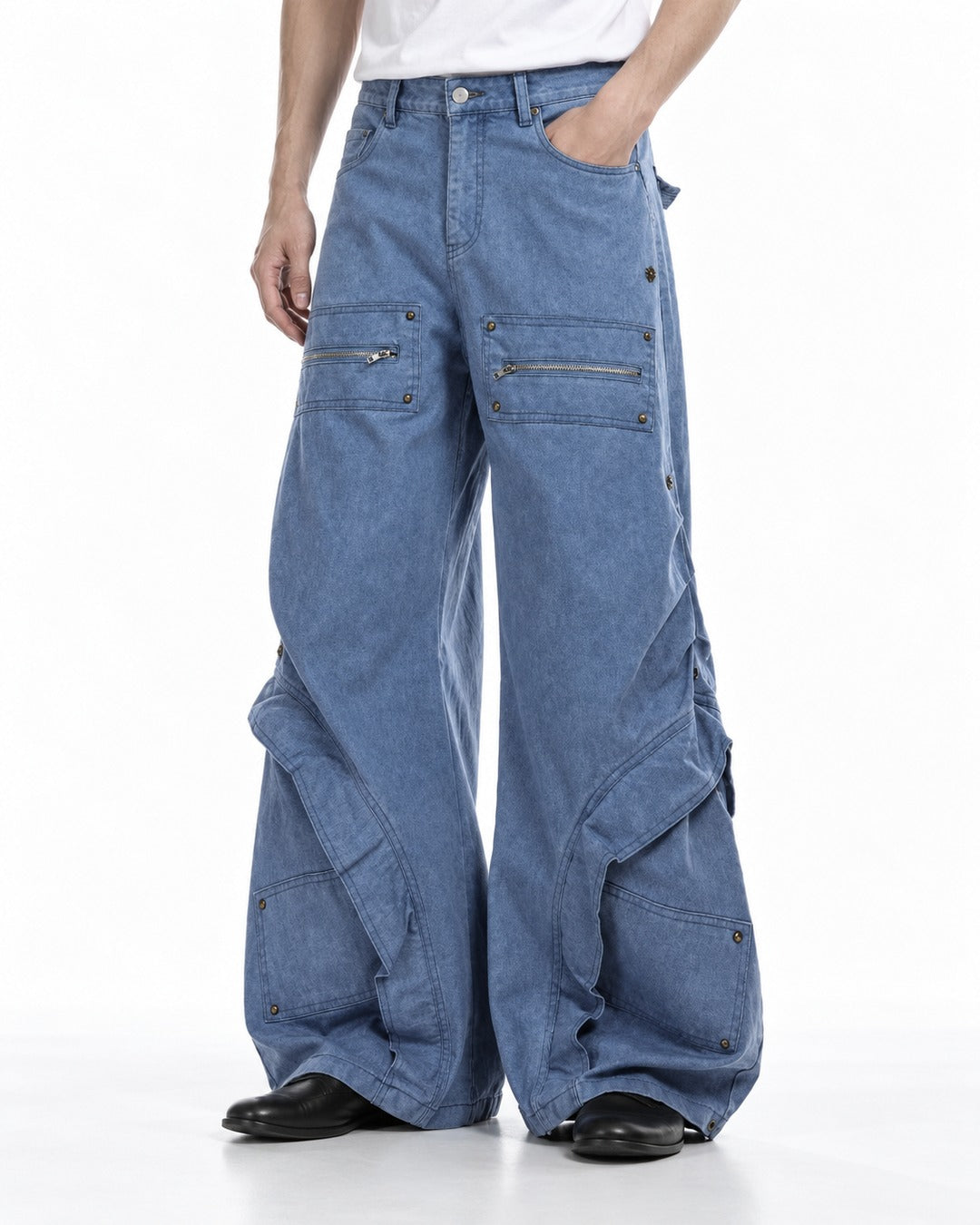 Zip-Pocket Riveted Wide-Leg Pants