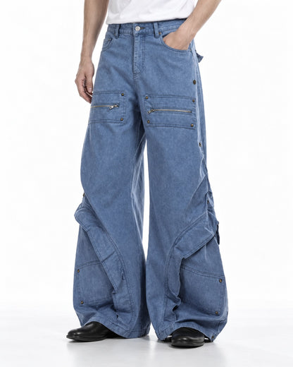 Zip-Pocket Riveted Wide-Leg Pants
