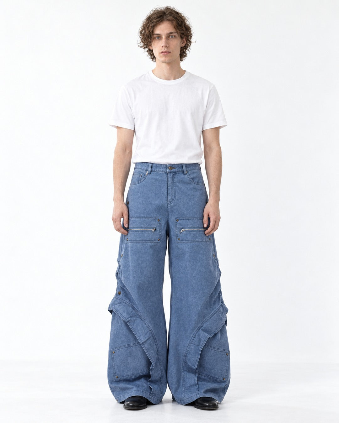 Zip-Pocket Riveted Wide-Leg Pants