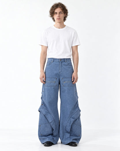 Zip-Pocket Riveted Wide-Leg Pants