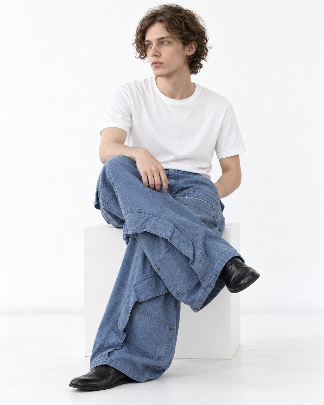 Zip-Pocket Riveted Wide-Leg Pants