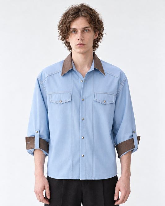 Contrast-Collar Three-Quarter Sleeve Shirt
