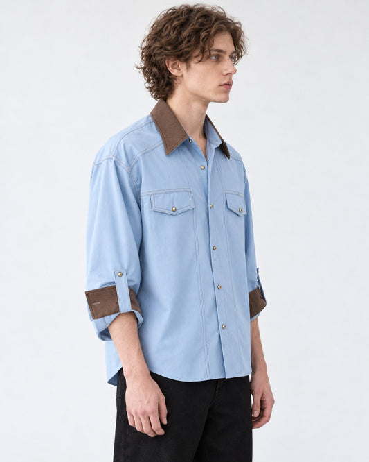 Contrast-Collar Three-Quarter Sleeve Shirt