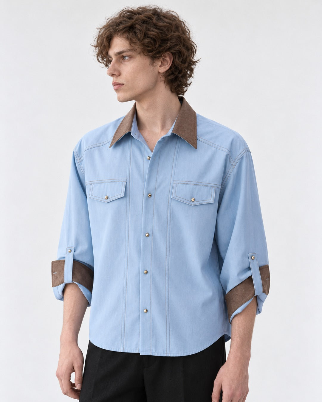 Contrast-Collar Three-Quarter Sleeve Shirt