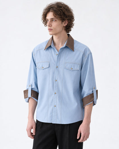 Contrast-Collar Three-Quarter Sleeve Shirt