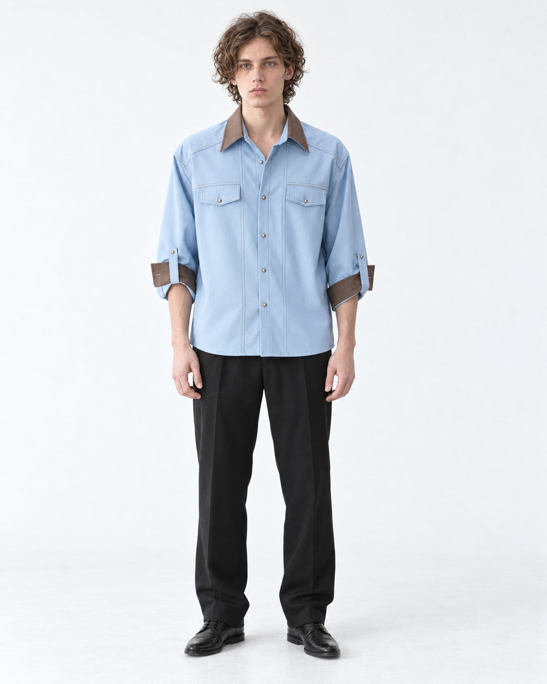Contrast-Collar Three-Quarter Sleeve Shirt
