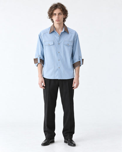 Contrast-Collar Three-Quarter Sleeve Shirt