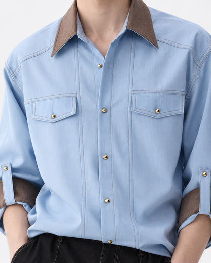Contrast-Collar Three-Quarter Sleeve Shirt