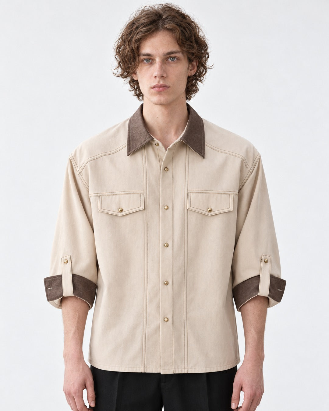 Contrast-Collar Three-Quarter Sleeve Shirt