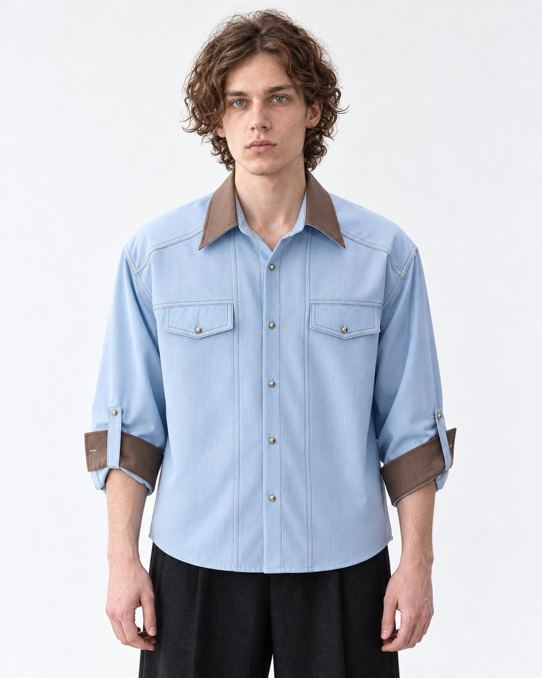 Contrast-Collar Snap-Button Western Shirt