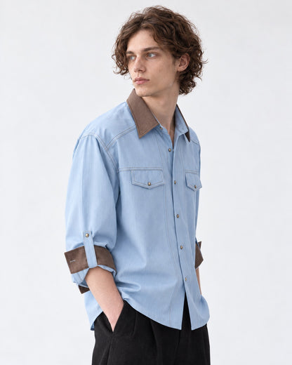 Contrast-Collar Snap-Button Western Shirt
