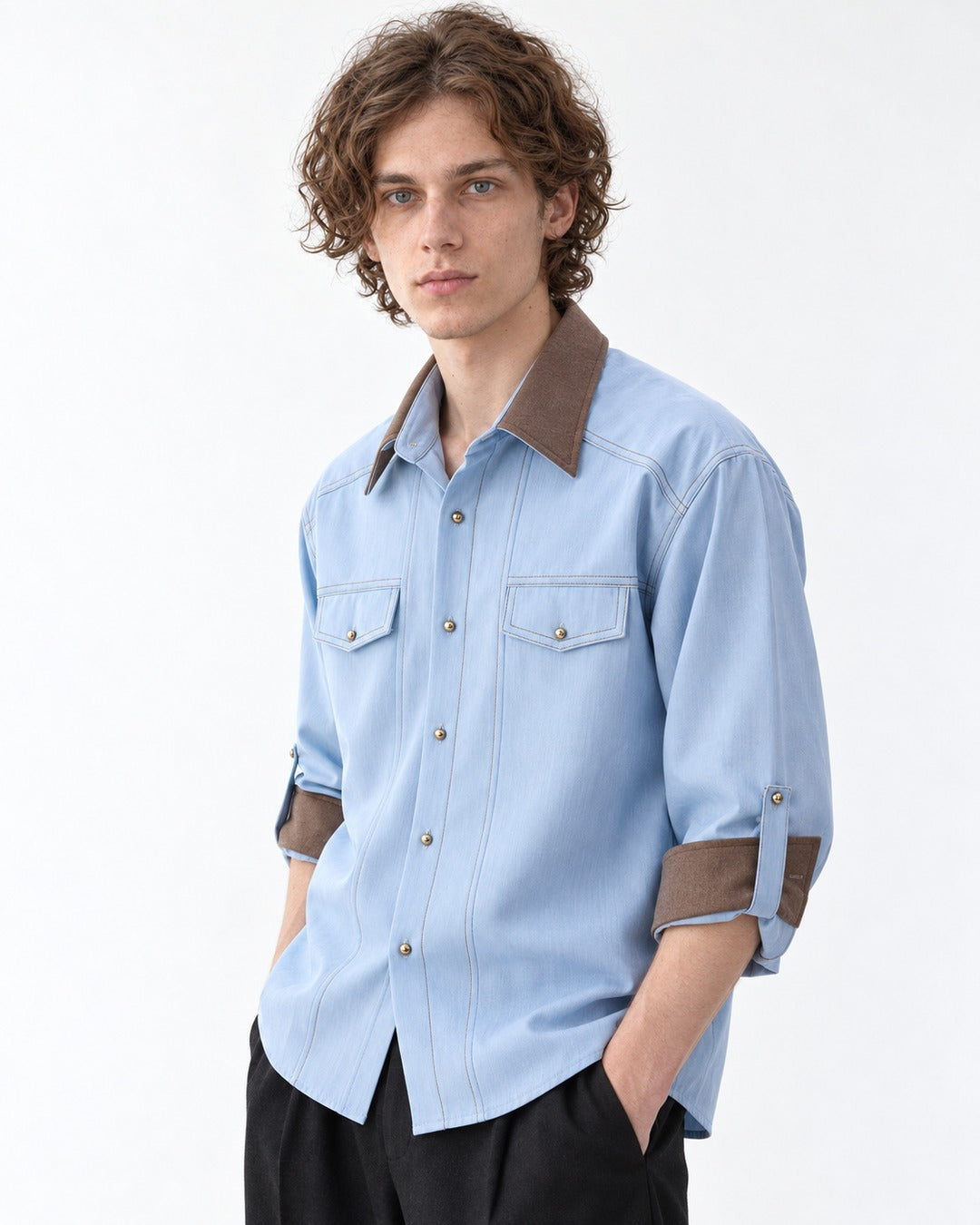 Contrast-Collar Snap-Button Western Shirt