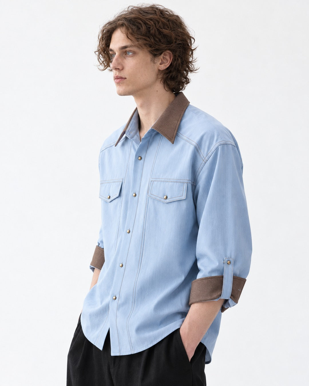Contrast-Collar Snap-Button Western Shirt