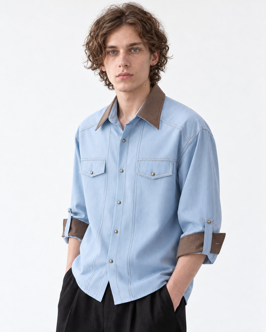 Contrast-Collar Snap-Button Western Shirt