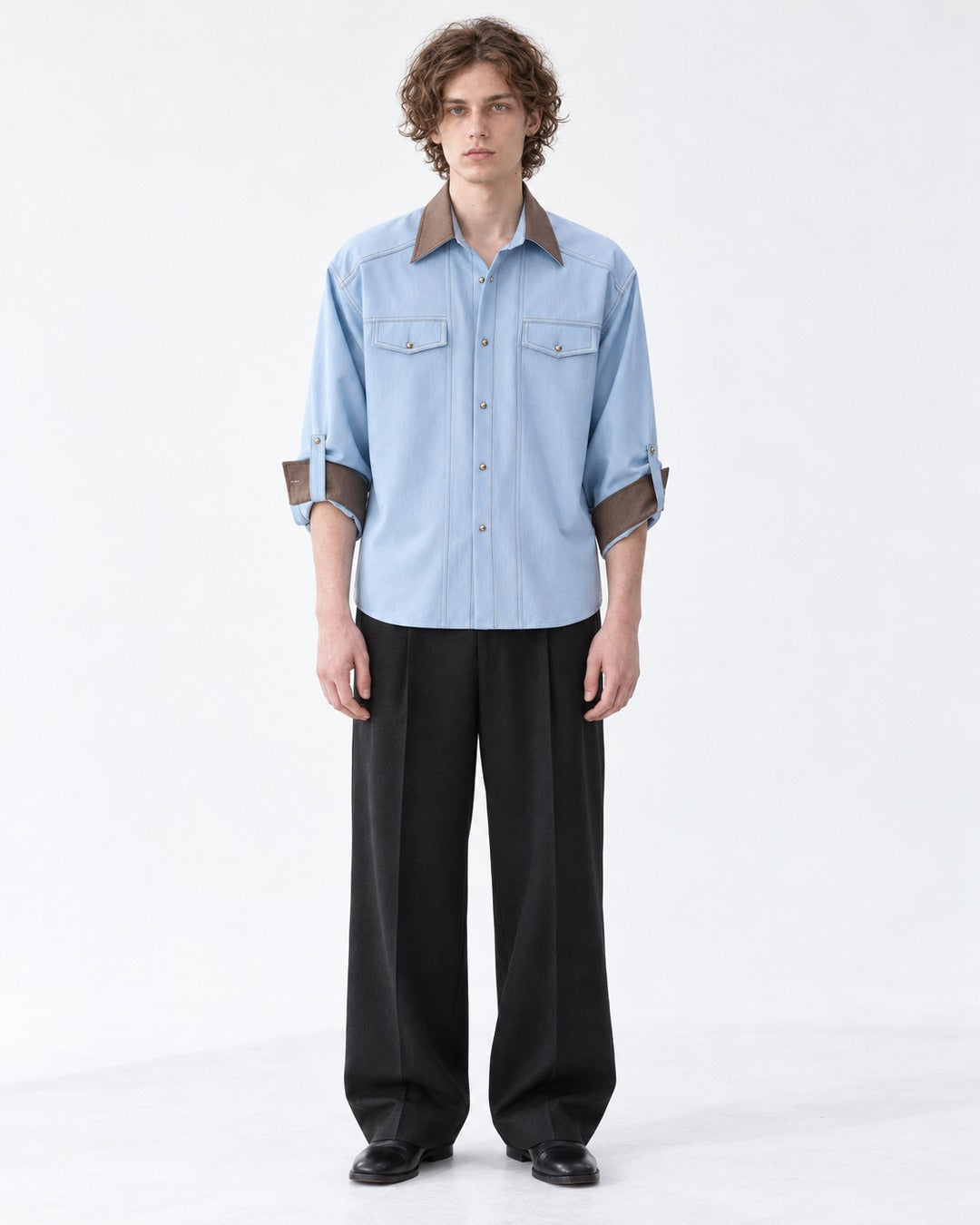Contrast-Collar Snap-Button Western Shirt