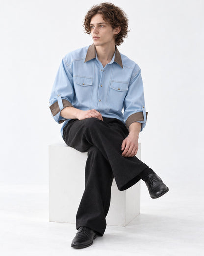 Contrast-Collar Snap-Button Western Shirt