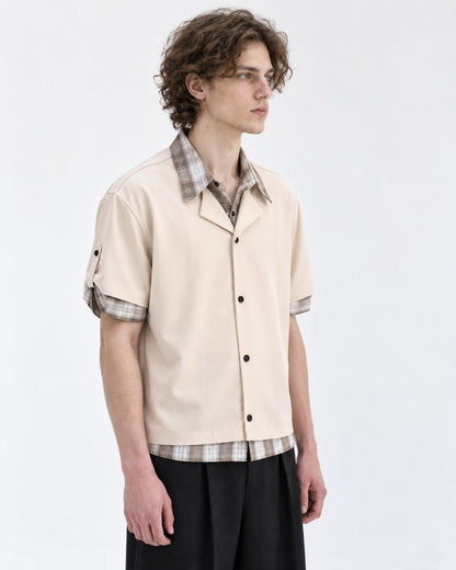 Camp-Collar Shirt with Plaid Cuff Trim