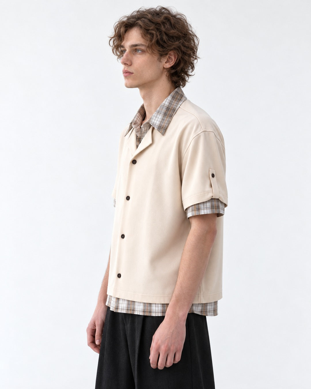 Camp-Collar Shirt with Plaid Cuff Trim