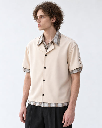 Camp-Collar Shirt with Plaid Cuff Trim