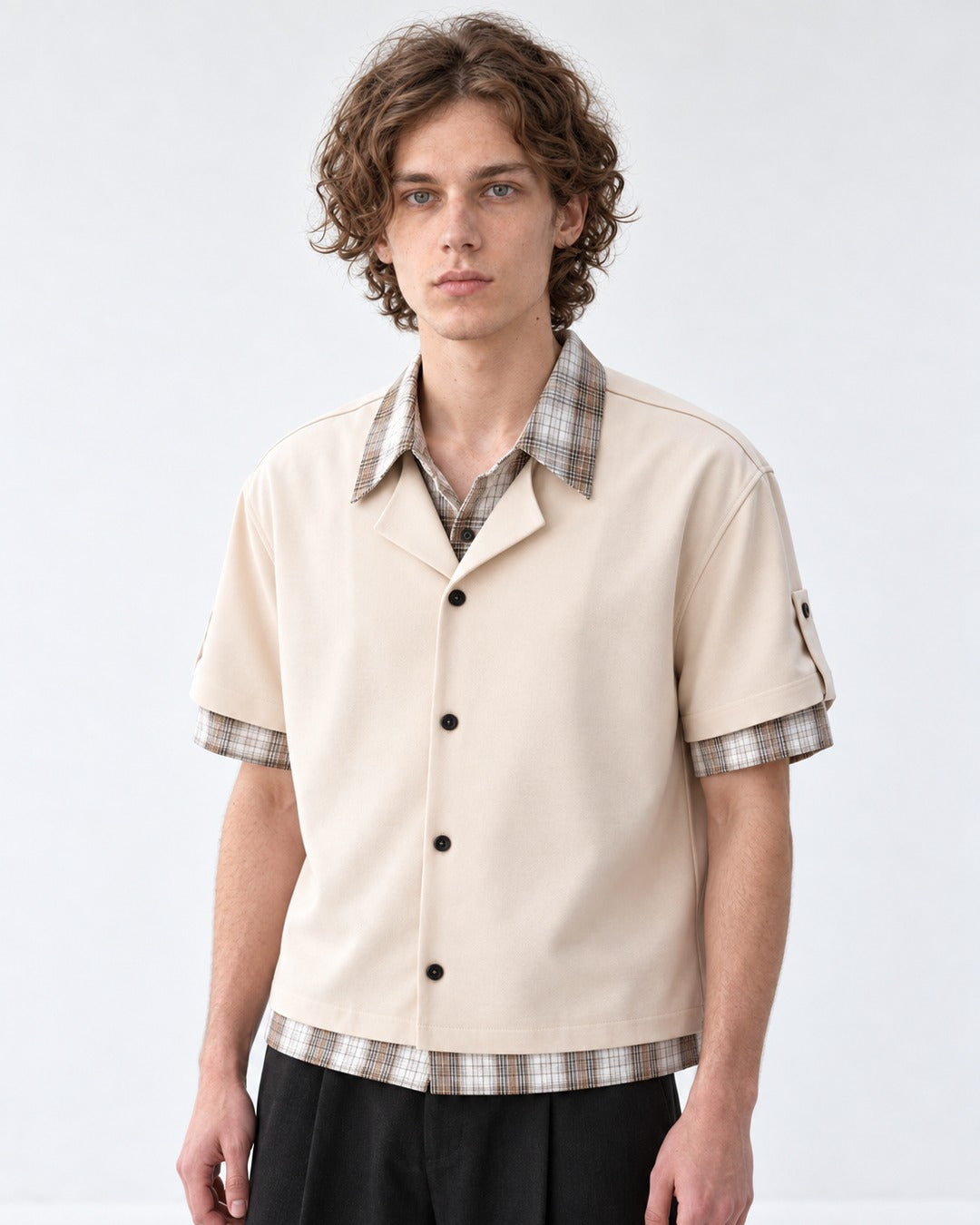 Camp-Collar Shirt with Plaid Cuff Trim