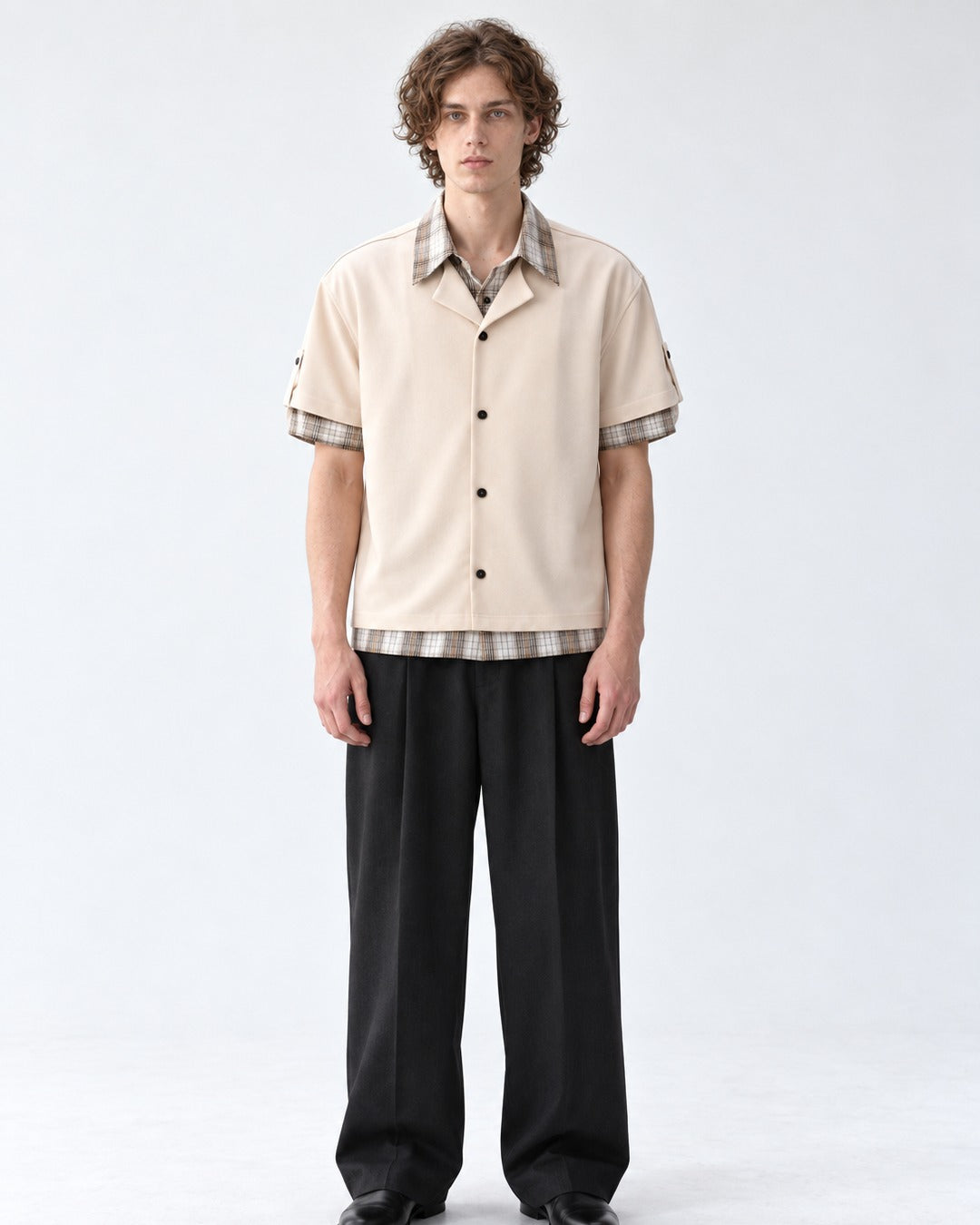Camp-Collar Shirt with Plaid Cuff Trim
