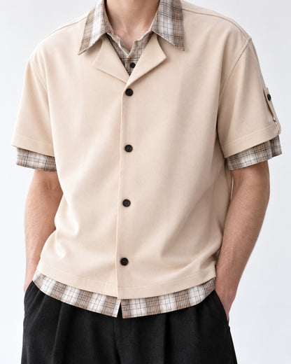 Camp-Collar Shirt with Plaid Cuff Trim