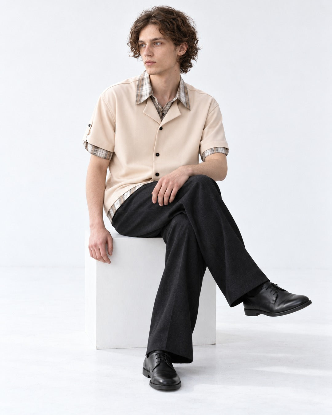 Camp-Collar Shirt with Plaid Cuff Trim