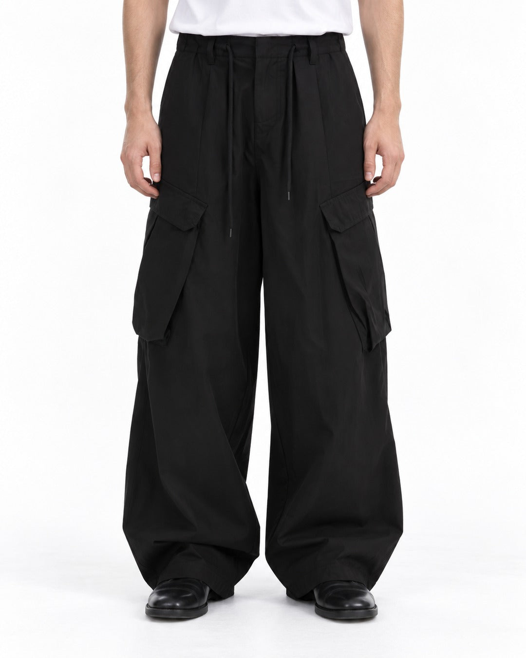 Drawstring Flap-Pocket Wide-Leg Cargo Pants