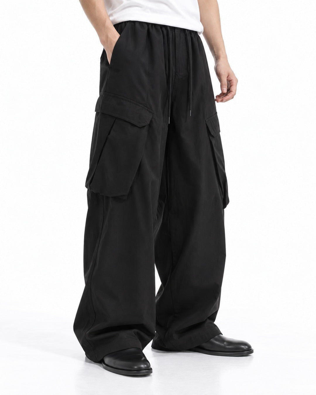 Drawstring Flap-Pocket Wide-Leg Cargo Pants
