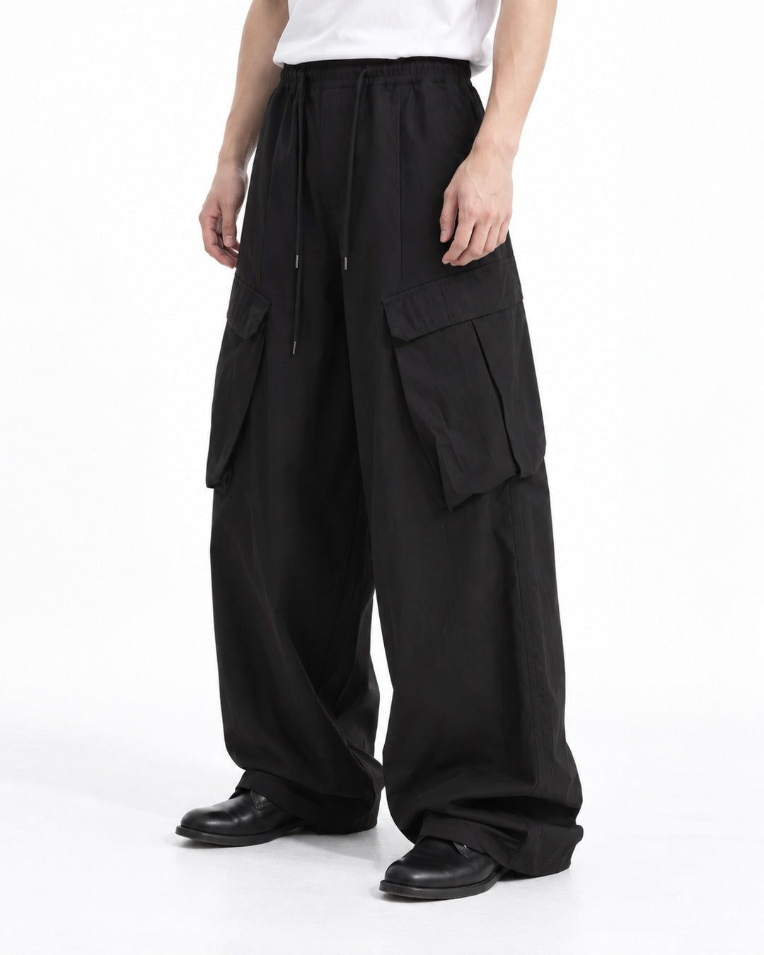 Drawstring Flap-Pocket Wide-Leg Cargo Pants