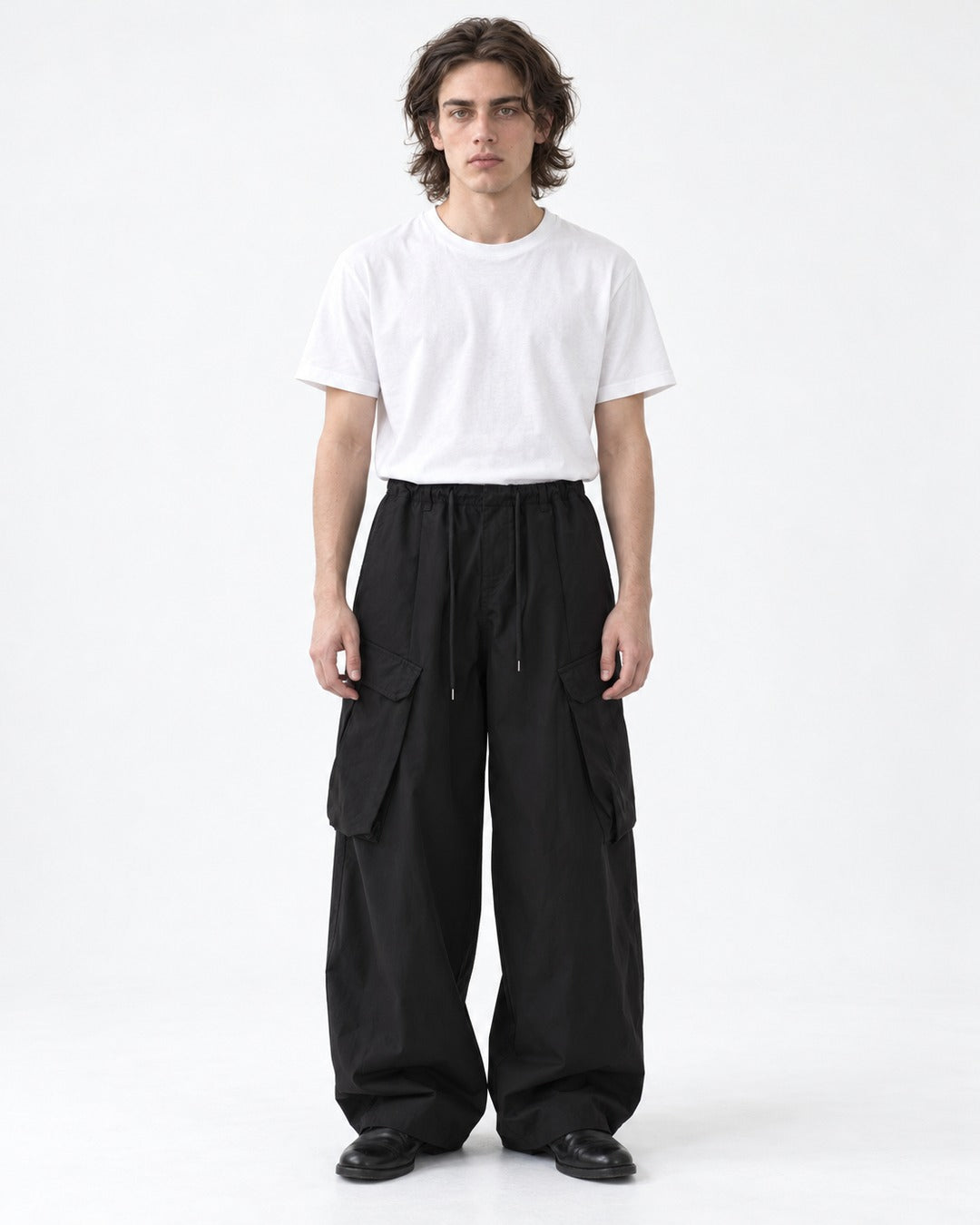 Drawstring Flap-Pocket Wide-Leg Cargo Pants