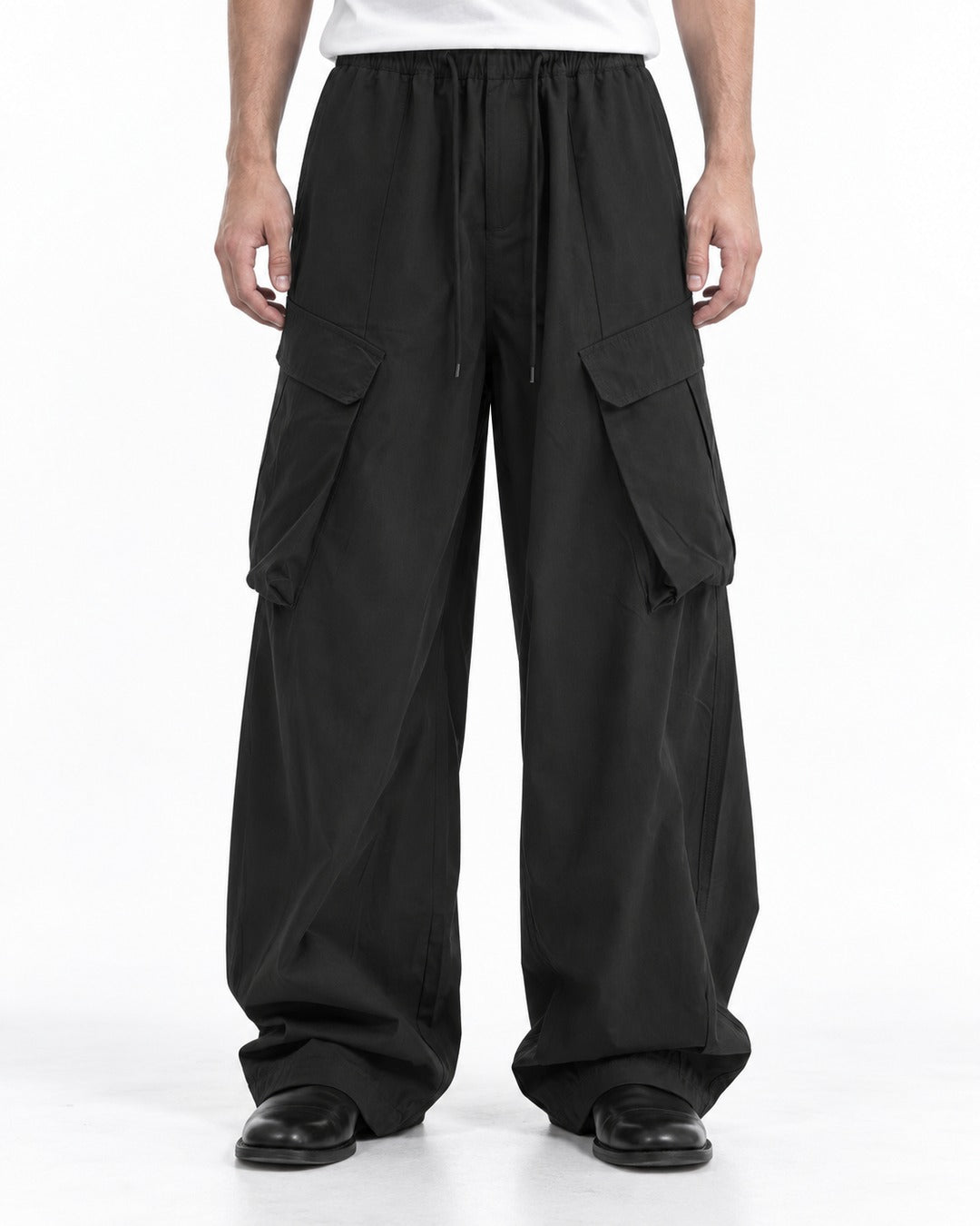 Drawstring Flap-Pocket Wide-Leg Cargo Pants