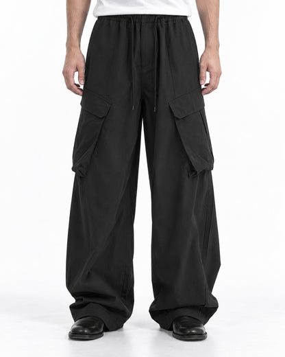 Drawstring Flap-Pocket Wide-Leg Cargo Pants