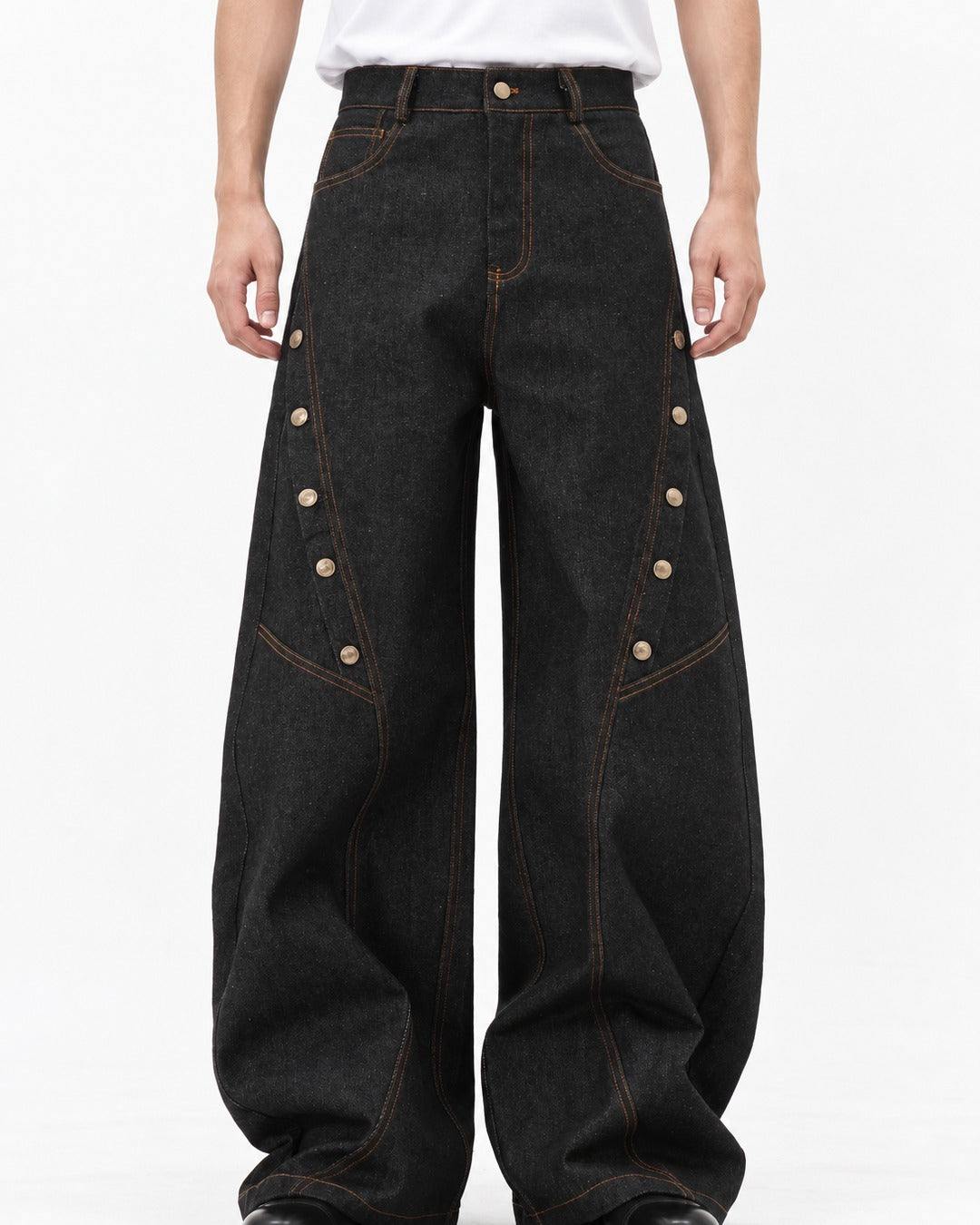 Curved-Seam Snap-Button Wide-Leg Pants