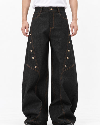 Curved-Seam Snap-Button Wide-Leg Pants