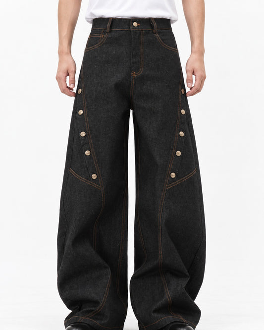 Curved-Seam Snap-Button Wide-Leg Pants