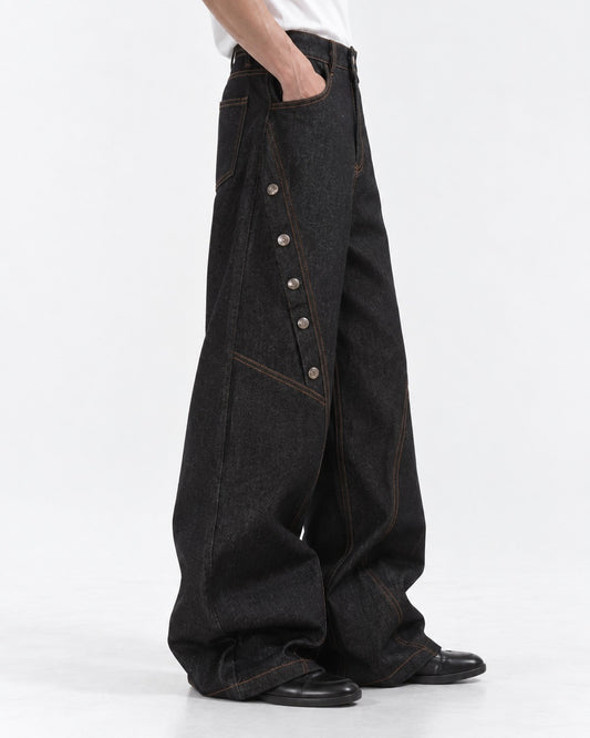 Curved-Seam Snap-Button Wide-Leg Pants