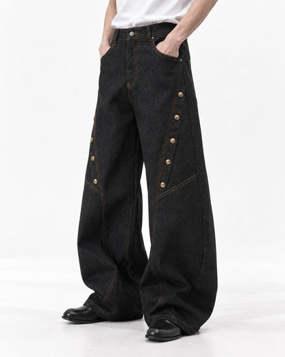 Curved-Seam Snap-Button Wide-Leg Pants