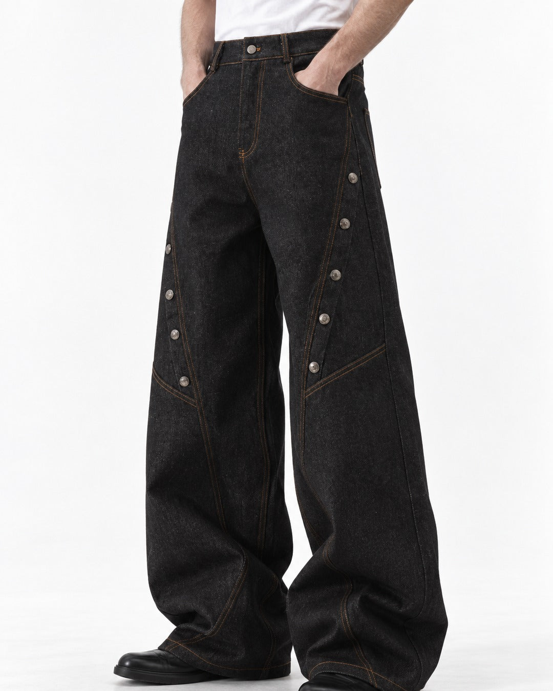 Curved-Seam Snap-Button Wide-Leg Pants