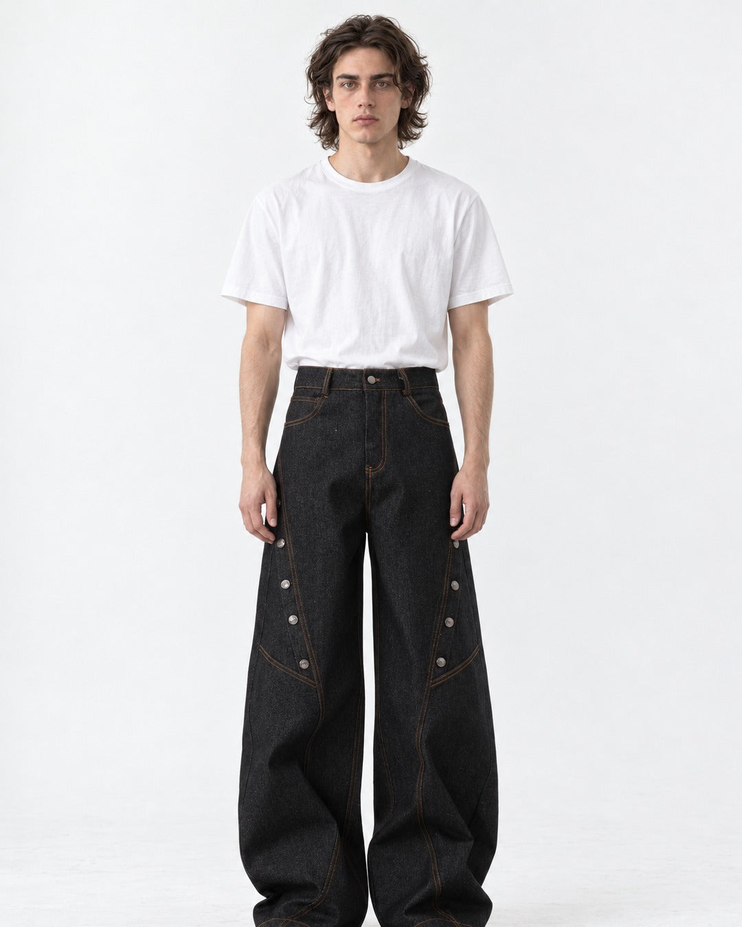 Curved-Seam Snap-Button Wide-Leg Pants