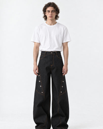 Curved-Seam Snap-Button Wide-Leg Pants