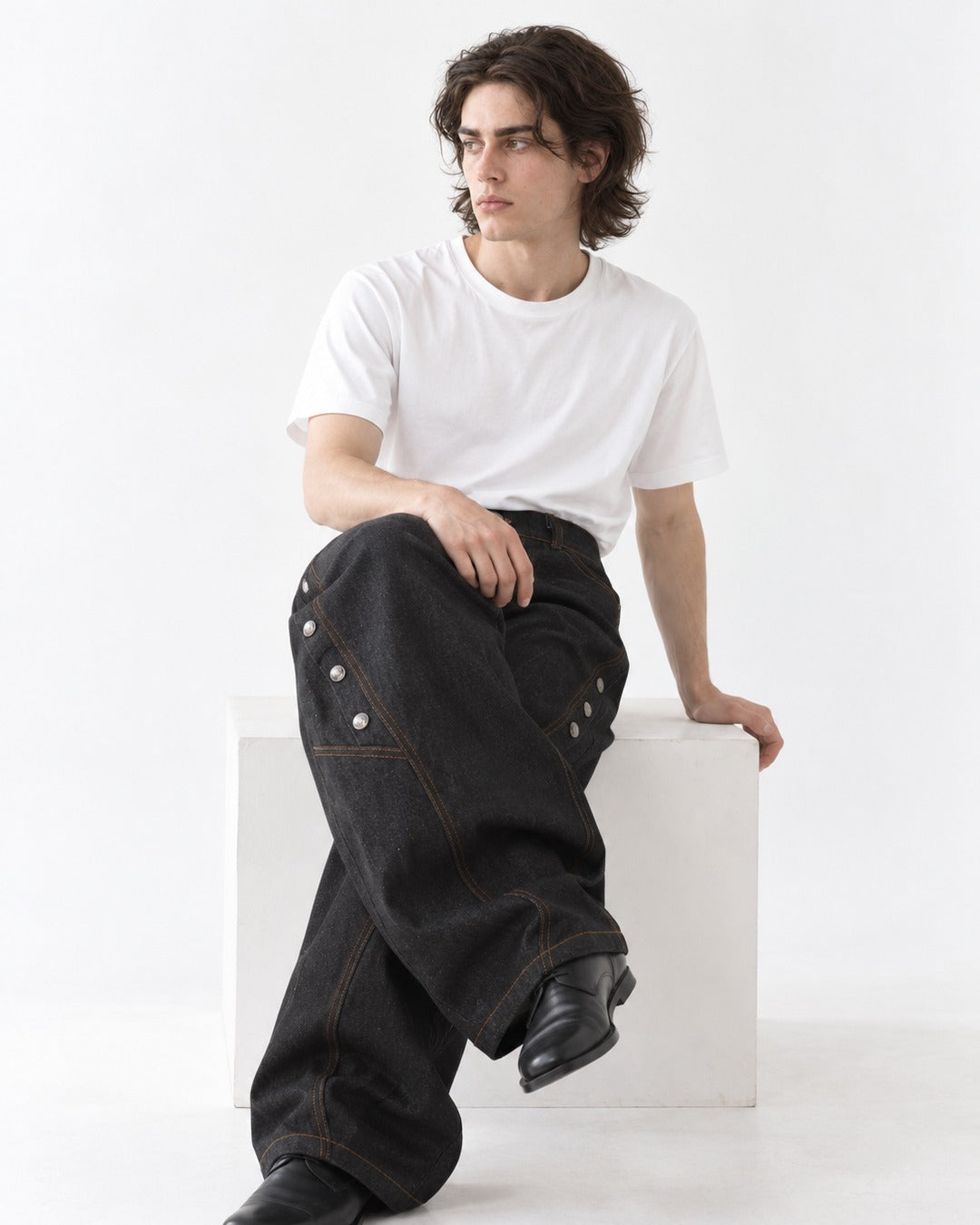 Curved-Seam Snap-Button Wide-Leg Pants