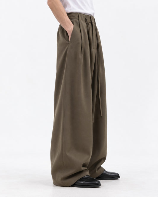 Drawstring Pleated Wide Trousers